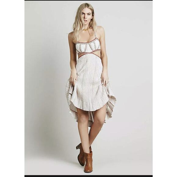 NWT $228 Free People Smock Stitch Cut out hippie festival dress  Embroidered, 8